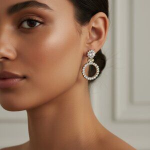 Sparkly Gold-Tone Rhinestone Hoop Drop Earrings | Elegant Statement Jewelry